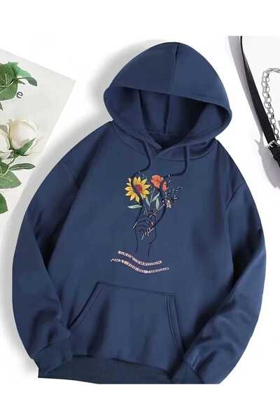 caddekombin Φούτερ με κουκούλα με στάμπα λουλουδιών, με τσέπες και επένδυση από μαλλί, σε μπλε ναυτικό χρώμα