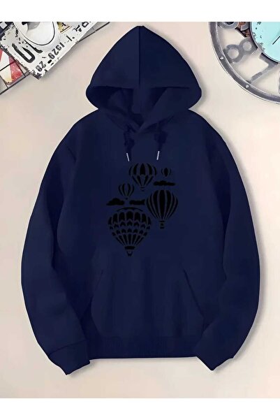 caddekombin Φούτερ με κουκούλα με στάμπα Flying Balloon, με τσέπες και επένδυση από μαλλί, σε μπλε ναυτικό χρώμα