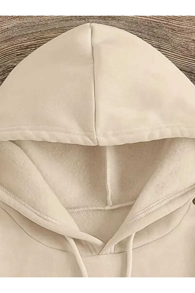 caddekombin Μπεζ φούτερ με κουκούλα και τσέπες με στάμπα χαμογελαστού προσώπου, εσωτερικά μάλλινο