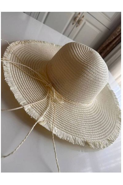 VB Steel Women's Beige Straw Sea Beach Outing Hat with Edge Detail