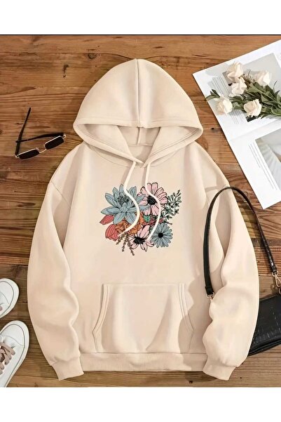 caddekombin Hanorac cu glugă cu imprimeu cu flori colorate, din bumbac, bej, cu buzunar