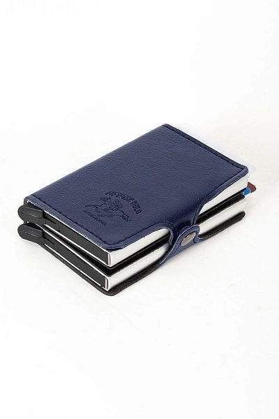 Newish Polo Δερμάτινη Navy Blue RFID Θήκη κάρτας διπλής μηχανικής αλουμινίου και πορτοφόλι new027