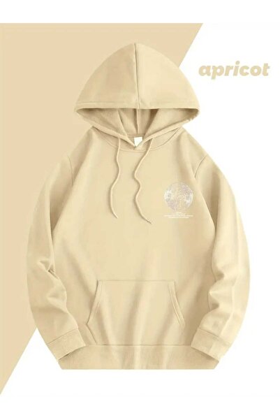 caddekombin Lazarus Back Chest Printed Hooded Pocket Cotton Beige Sweatshirt