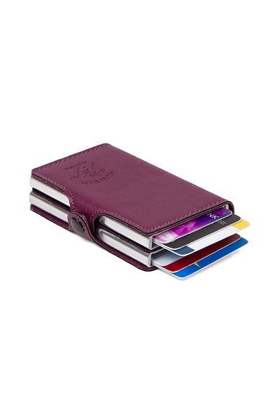 Newish Polo Purple Leather Rfid Aluminum Double Mechanism Card Holder and Wallet New027