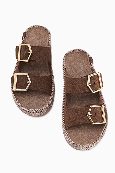 Limoya Horia Coffee Дамски пантофи с двойна каишка и плетена подметка Изгодна оферта