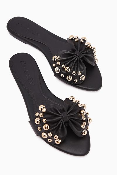 Limoya Dotty Black Kabara Studded Bow Women's Slippers