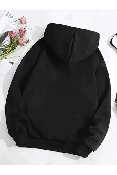 caddekombin Glitter Butterfly Printed Hooded Pocket Black Sweatshirt with Wool Inside
