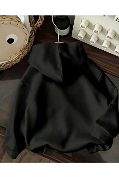 caddekombin Μαύρο φούτερ με κουκούλα με στάμπα Pink Panther και τσέπες από βαμβάκι