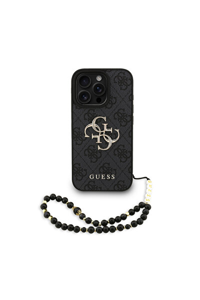 Guess iPhone 16 Pro Max Uyumlu Kılıf Lisanslı Bilek Askı İpli Metal 4G ve Yazı Logolu Kapak Siyah