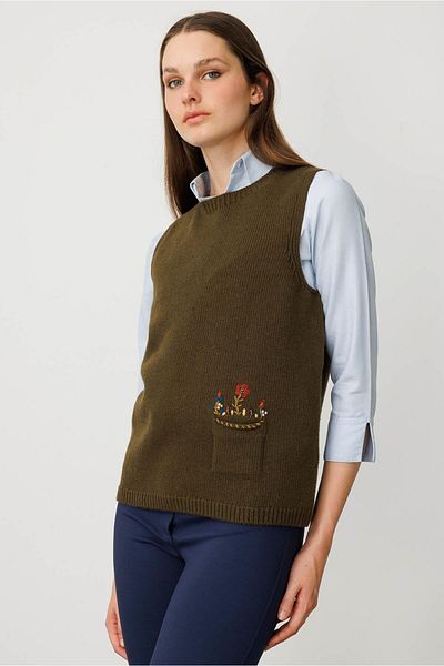 Desen Triko Women's Crew Neck Pocket Top Floral Embroidered Wool Sweater A.Green