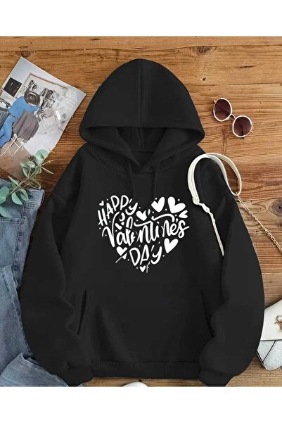 caddekombin Чорна кофта з капюшоном, кишенями та вовняною підкладкою з написо...