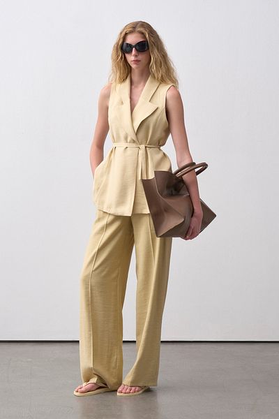 mathilda store Women's Yellow Double Breasted Collar Belted Vest Pants Suit