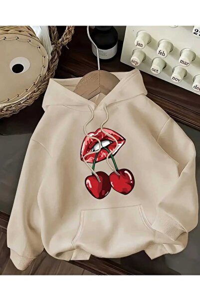 caddekombin Μπλουζάκι με κουκούλα Cherry Lips με στάμπα, με τσέπες και εσωτερικό μάλλινο μπεζ φούτερ