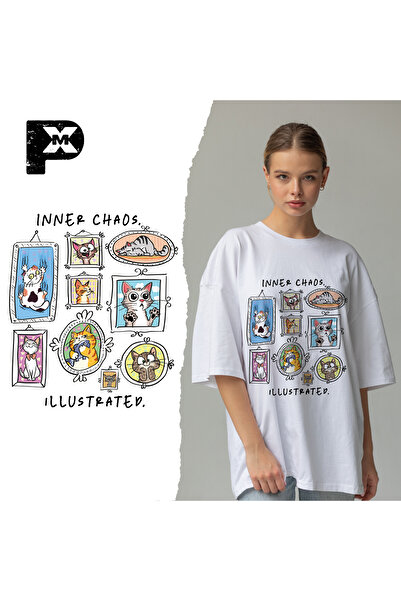 pxm تي شيرت للجنسين بطباعة Dtf Regular Fit - أنماط القطط - تم إنشاؤه بواسطة Ece