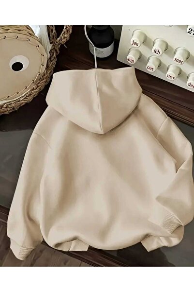 caddekombin Μπλουζάκι με κουκούλα Cherry Lips με στάμπα, με τσέπες και εσωτερικό μάλλινο μπεζ φούτερ