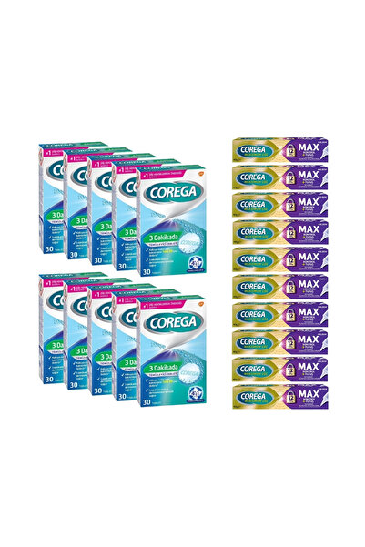 Corega x10 3 Dakikada Diş Protezi Temizleyici 30 Tablet + x10 Max Kontrol + Tutuş Protez Yapıştırıcı 40 gr