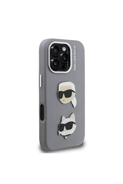 Karl Lagerfeld iPhone 16 Pro Max Compatible Case Karl Lagerfeld Licensed K&C Heads Pin Cover Gray