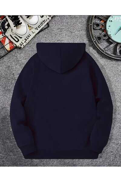 caddekombin Φούτερ με κουκούλα με στάμπα λουλουδιών, με τσέπες και επένδυση από μαλλί, σε μπλε ναυτικό χρώμα