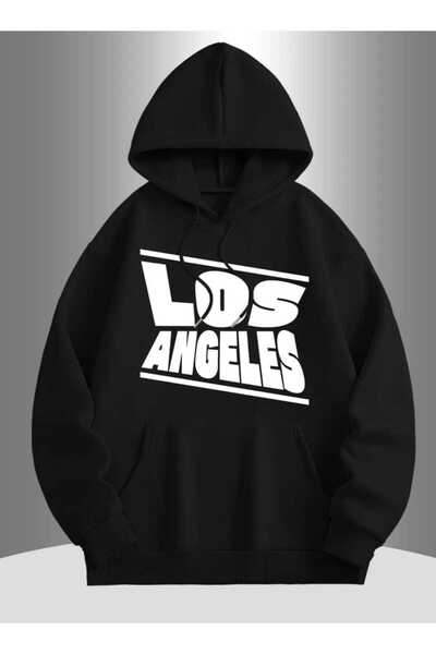 caddekombin Μαύρο φούτερ με κουκούλα με λοξή στάμπα του Λος Άντζελες, με μάλλινη επένδυση εσωτερικά