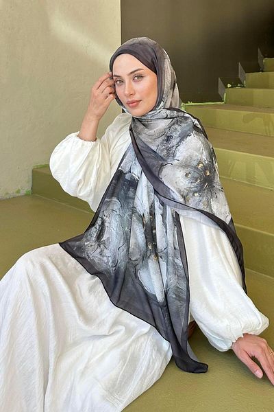 lamelif Bohemian Flower Pattern Soft Shawl Black Brown