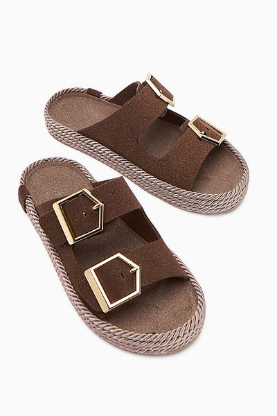 Limoya Horia Brown Double Striped Knitted Sole Women's Slippers