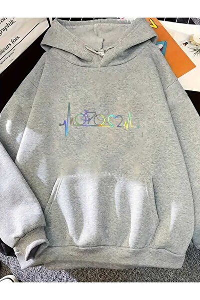 caddekombin Hanorac cu glugă din bumbac gri cu imprimeu Bicycle Heart Rhythm,...