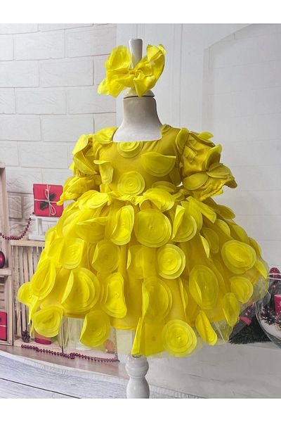 Nissa Yellow Round Circle Pattern Evening Dress