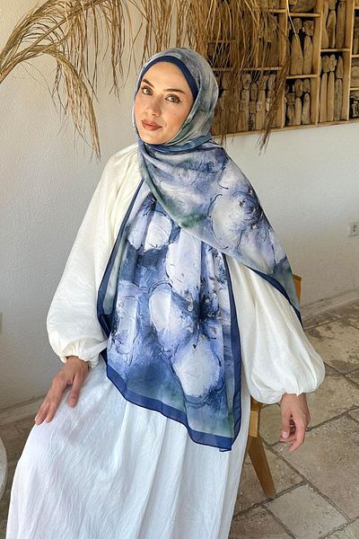 lamelif Model de flori boeme șal moale albastru de noapte