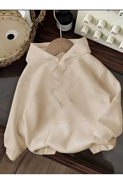 caddekombin Hanorac bej cu glugă, cu imprimeu pe spate, cu buzunare și lână în interior