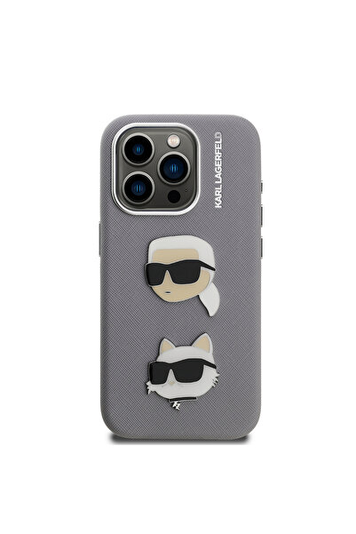 Karl Lagerfeld iPhone 15 Pro Max Compatible Case Karl Lagerfeld Licensed K&C Heads Pin Cover Gray