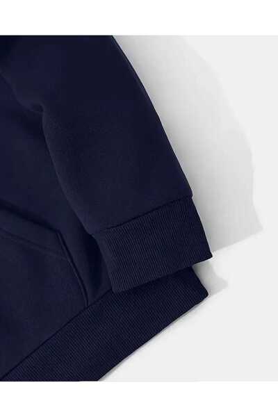 caddekombin Φούτερ με κουκούλα με στάμπα λουλουδιών, με τσέπες και επένδυση από μαλλί, σε μπλε ναυτικό χρώμα