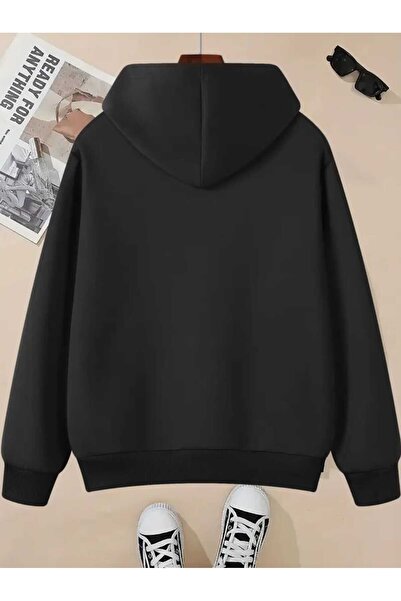 caddekombin Μαύρο φούτερ με κουκούλα με στάμπα Pink Panther και μάλλινη επένδυση μέσα