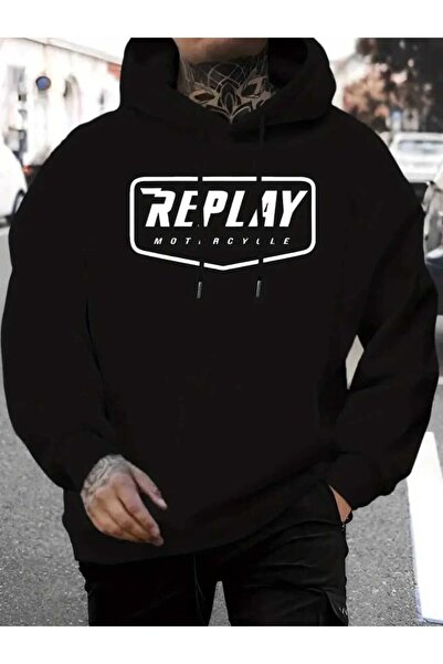 caddekombin Replay Motorcycle Printed Hooded Pocket Cotton Black Sweatshirt