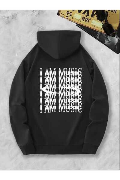 caddekombin Μπλουζάκι με κουκούλα I Am Music με στάμπα στο πίσω μέρος, βαμβακερό μαύρο φούτερ με τσέπη