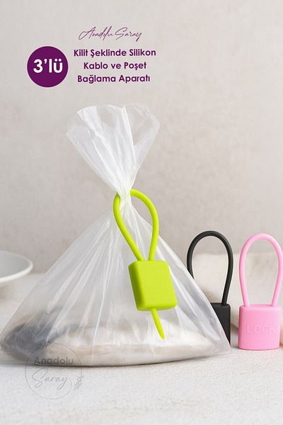 Anadolu Saray Set of 3 – Multi-Purpose, Practical, Colorful Lock-Shaped Silicone Cable and Bag Binding Device