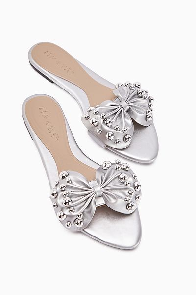 Limoya Dotty Silver Kabara Studded Bow Women's Slippers