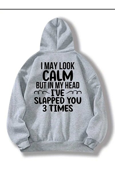 caddekombin Hanorac gri din bumbac cu buzunar și imprimeu pe spate I May Look...