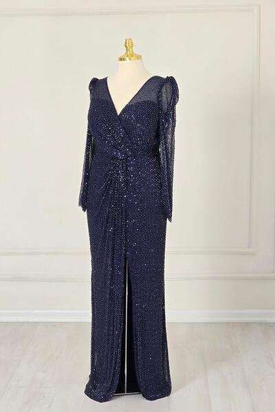 Yonca Moda Evi Lacivert 24247 Uzun Kollu B.Beden Abiye