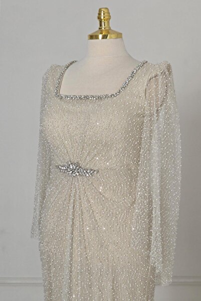 Yonca Moda Evi Krem Dantel Abiye Elbise 25507