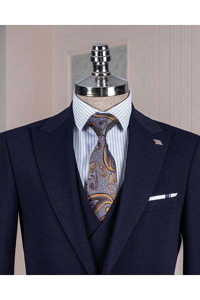 TerziAdemAltun Italian Style Slim Fit Jacket Vest Pantalon Suit Navy Blue T13961