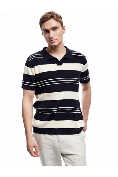 Koton New Season Striped Short Sleeve Regular Fit Polo Neck Knitwear T-Shirt