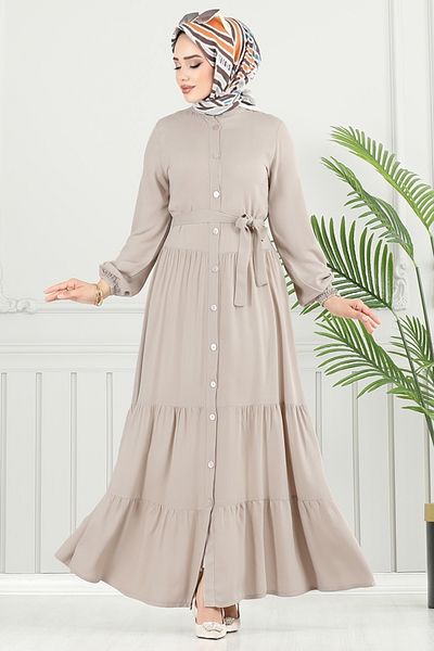 ModaMerve Viscose Dress with Elastic Cuffs 1124Bgs895-M Mink