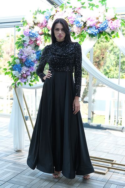 Feminist Draped Sequin Top Detailed Skirt Satin Hijab Evening Dress Black 6502504