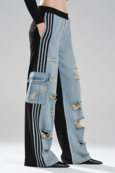 tw3 Pantaloni de damă cu spate tricotat și față cu detaliu din denim, cu desi...