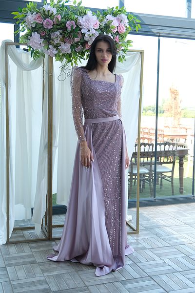 Feminist Beaded Tulle Sleeve Detailed Long Evening Dress Powder 9705463