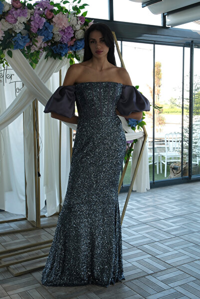 Feminist Pul Payetli Balon Kol Abiye İndigo 9705296