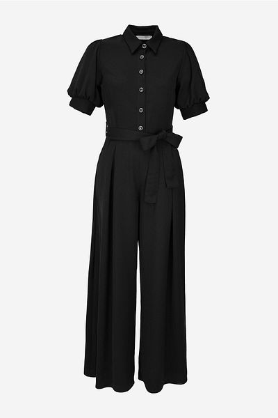 birizmoda Women's Balloon Sleeve Button Detailed Belted Jumpsuit - Black