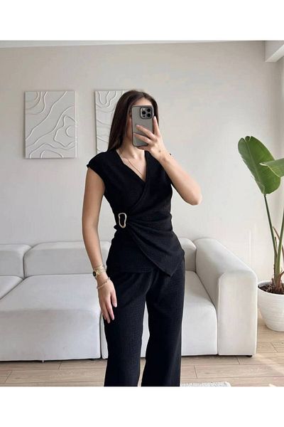 Zoom Butik Buckle Double Breasted Trousers Suit - Black