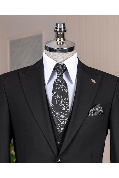 TerziAdemAltun Italian Style Slim Fit Jacket Vest Pants Suit Black T14311