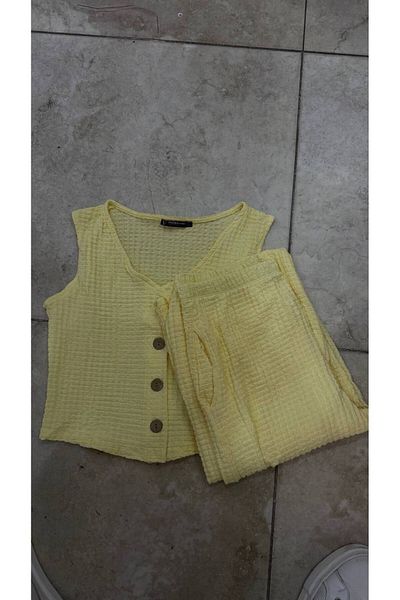 Gugus Women's Seersucker Vest Bottom/Upper Set Wide Leg High Waist Wide Leg Model